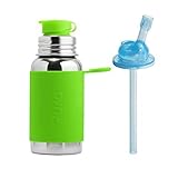 Pura Sport Stainless Steel Bottle with Silicone Sport Top and 100% Plastic Free Silicone Straw, 18 ounce, Green
