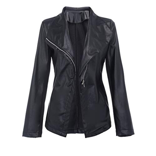 UONQD Fashion Women Turn-Down Coat Solid Tops Leather Loose Long Sleeve Coat(X-Large,Black) - Thumbnail 5