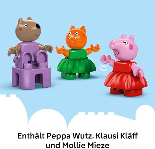 DUPLO Peppa Wutz Jahrmarkt - Montessori Spielzeug - Motorikspielzeug für Kinder ab 2 Jahren - Vorschule Spiele mit Riesenrad, Rutsche & 3 Figuren inkl. Mollie Mieze & Klausi Kläff 10453
