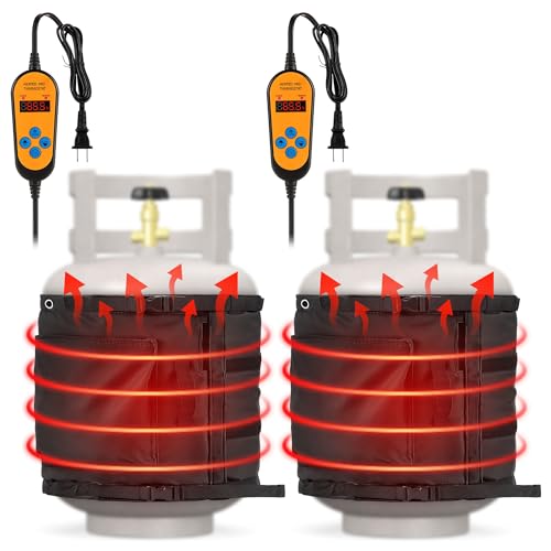 Photo 1 of 2 Pack Propane Tank Heater Blanket Gas LP Cylinder Tank Heater with Thermostat Temperature Adjustment 41-122 °F, Fit for 5-40LB Propane Tank Produce Maintain Heat Propane Tank Warmer Blanket (Black)