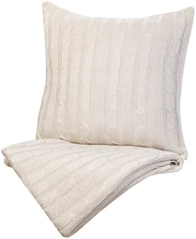 Indecor Home TD21-6054-IV Cable Knit Throw and Decorative Pillow, Ivory