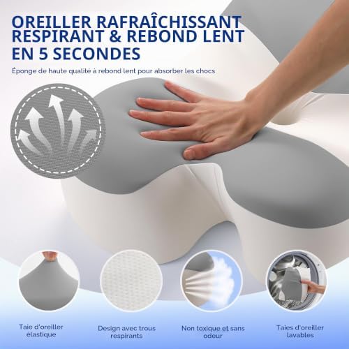 Oreiller Ergonomique Cervical pour Soulager Les Douleurs (Gris et Blanc)