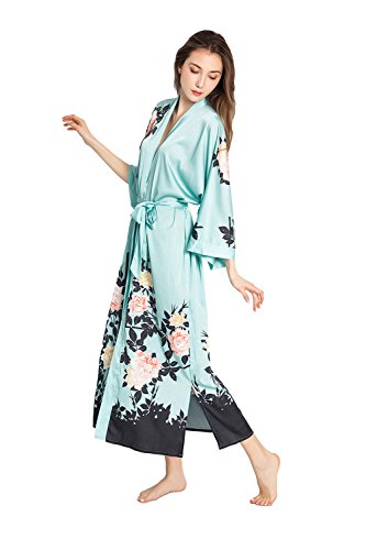Old Shanghai Women's Kimono Robe Long - Watercolor Floral, Blush Rose- Mineral Blue - Thumbnail 4