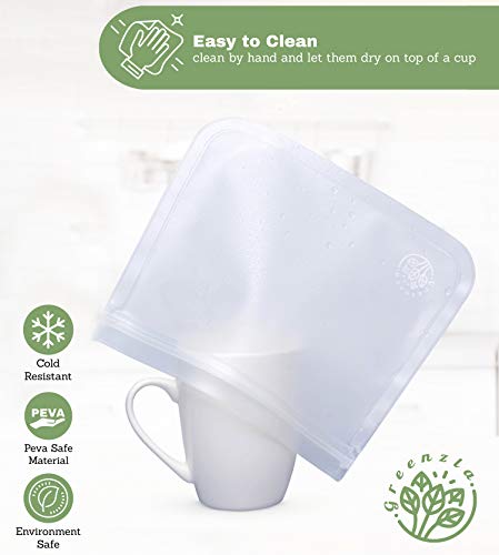 Greenzla Reusable Storage Bags (12-Pack) -FDA Grade PEVA Reusable Ziplock Lunch Bags -EXTRA THICK Freezer Safe Sandwich Bags For Food and Kitchen Organization - BPA FREE Snack Bags - 9 Large & 3 Small