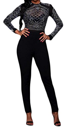 Fulok Womens Zip Back Long Sleeve Beaded Mesh Bodycon Jumpsuits Black Small