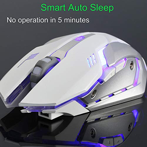 Rechargeable Wireless Mouse Silent 1600DPI 6 Buttons Breathing Blacklit Led Ergonomic Shape with AutoFire Keys (White)