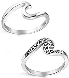 LOLIAS 2 Pcs Stainless Steel Beach Rings for Women Girls Ocean Wave Ring,Size 5-11