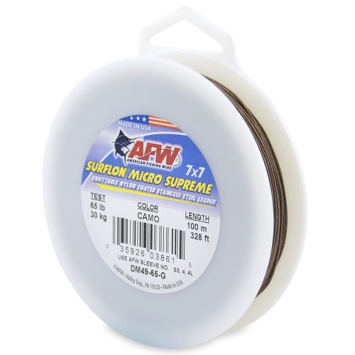 American Fishing Wire Surflon Micro Supreme Nylon Coated 7x7 Stainless Steel Leader Wire, Camo Brown Color, 65 Pound Test, 100-Meter