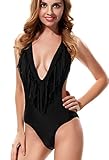 Lovewhitewolf Women's V Neck Tassels Padded One-piece Swimsuit (Large,Black)