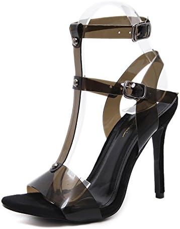 KJJDE Women's Hollow High Heel Sandals GZSL-590-58 Creative Transparent Tape Rivets Open Toe Party Pumps Sexy Dress Evening Stilettos, Black,36
