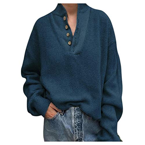 Amlaiworld Women Plus Size Sweater Knitted Button Pullover Blouse V-Neck Long Sleeve Top Tunic Shirt Blue