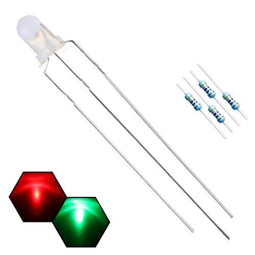 100pcs 3mm Red & Green Lights Bi-Color LED Diodes Common Anode (White Lens) Diffused Round Lens +200pcs Resistors (for DC 6-12V) Included,Bulb Lamps Light Emitting Diode