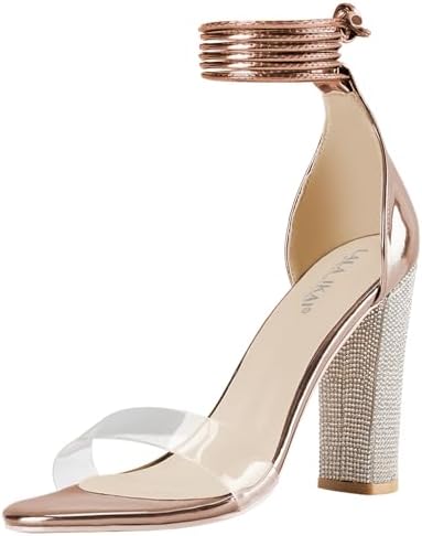 LALA IKAI Women's Gold Rhinestone High Heels Sandals Ankle Strappy Clear  Chunky Heels Dress Shoes, Gold, 9.5 price in UAE | Amazon UAE | kanbkam