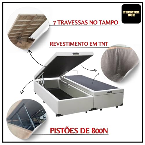 Cama Box Baú Queen Bipartido 79, Blindado, Pistão á Gás, Pés de Madeira (Corino, Cinza)