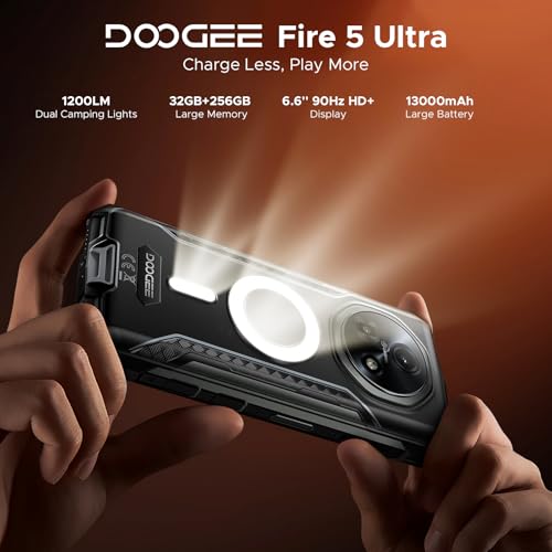 Luzglo Fire 5 Ultra Rugged Smartphone Android 15 Rugged Phone, 13000mAh Large Battery Dual Light 6.6" 90Hz HD+ IPS Display, 32GB RAM+256GB ROM(2TB) 48+8MP AI Camera Triple Card Slot Android Phone