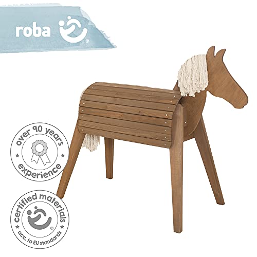roba Solid Wood Riding Horse for Children – Weather Resistant – Seat Height 89 cm – Aerobatic Horse for Boys and Girls from 3 Years – Tinted Teak