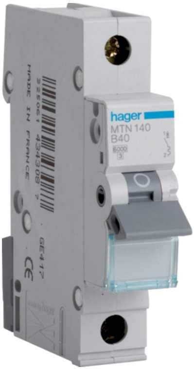 Hager MTN140 1 Pole Miniature Circuit Breaker 40A 6kA Type B 1 Module