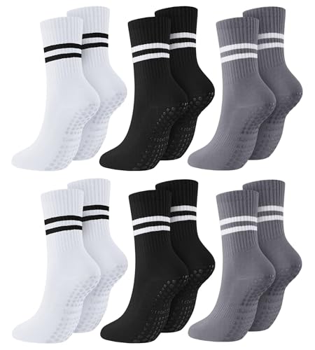 6 Pares Calcetines de Yoga para Mujeres, Calcetines Antideslizantes Algodon, Calcetas Largos de Pilates, Calcetas Deportivos Transpirables, Adecuado para Ejercicio, Fitness, Barre