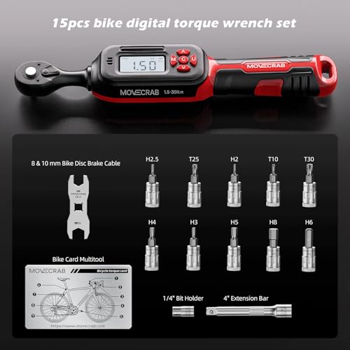 MOVECRAB 1/4 Inch Digital Torque Wrench Set for Bicycle 1.5-30 Nm, S2 Steel, Accuracy ±2%, Includes Brake Keys 8/10 mm, Extension and Sockets for MTB/Road