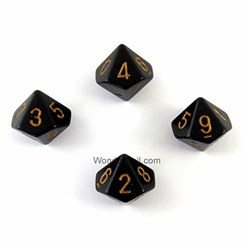 WCXPQ1028E4 Black Opaque Dice with Gold Numbers D10 Aprox 16mm (5/8in) Pack of 4 Dice Chessex