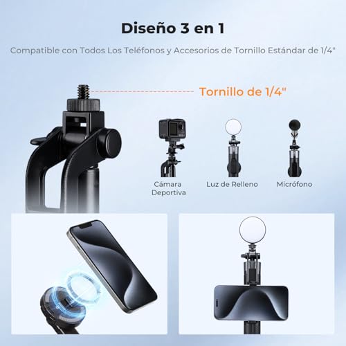 K&F CONCEPT 180cm Trípode para móvil, Palo Selfie magnético y con Pinza, luz Relleno y Mando a Distancia, Soporte automático Compatible con iPhone 17-12, Osmo Pocket 4/3 e Insta360 X5 Luna Ultra