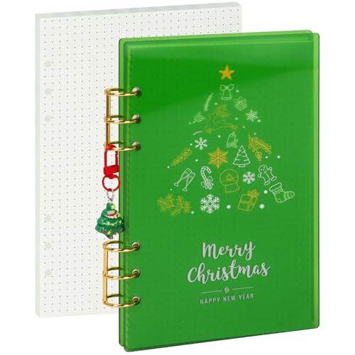 Koqye Christmas A5 Acrylic Binder Cover with Metal Round Rings, Christmas Design Notebook Cover with Cute Keychain Includes 1 Pack Dotted Refills for Personal Planner (Green, A5) at Amazon