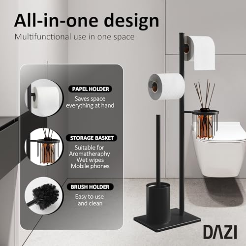 Toilet Paper Holder Set Stainless Steel Black Freestanding Toilet Brush and Storage Basket Perfect for Organizing Bathroom with Elegance and Practicality