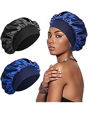SWEET VIEW Silk Bonnet Satin Bonnet, Silk Hair Wrap for Sleeping, Soft and Comfortable Silk Sleep Cap, Black, Navy