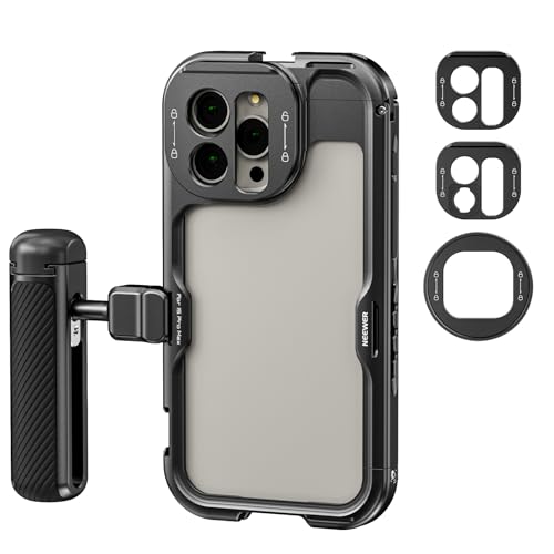 NEEWER 15 Pro Max Cage [2nd Gen], Video Rig Phone Stabilizer with Quick Release Side Handle, 67mm Filter Adapter, 17mm Lens Backplate, T Mount Lens Adapter Compatible with Moment, PA044+PA045B