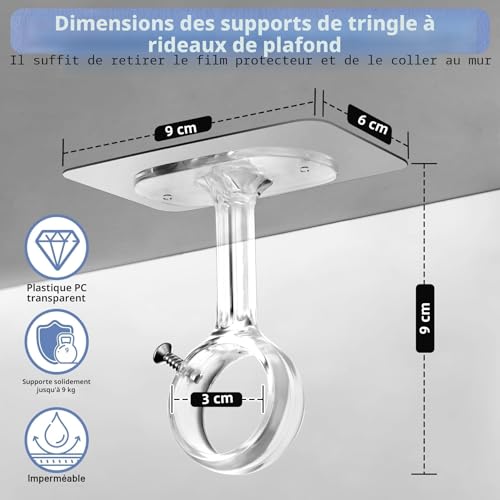 Curtain Pole Brackets No Drilling for Ceiling/Wall, Adjustable, Optimised Model for Rods from Ø25 to 32 mm, Ideal for Showers, Doors and Closets (Set of 4, Transparent)