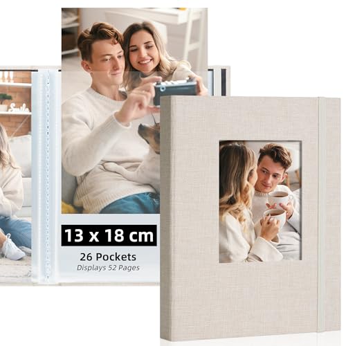 Remowith Photo Album 13x18 with Custom Cover - 26 Pockets (Holds 52 Photos) - DIY Photo Album for Family, Travel, Wedding, Beige
