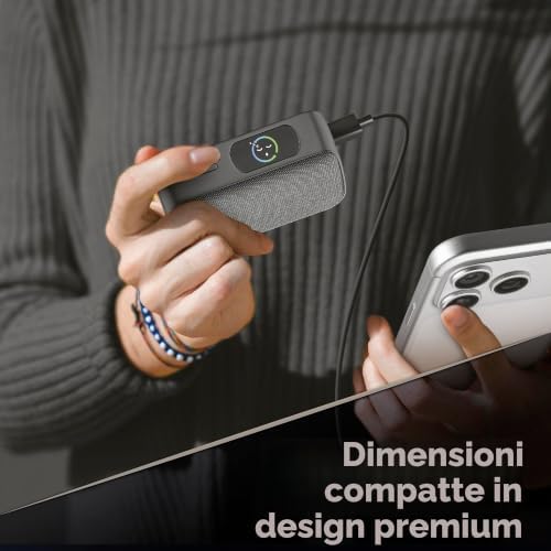 power bank Powerview IQ capacità 10.000 mAh con display TFT intelligente, porta USB-C (input 30 W/output 45 W) e porta USB-A 18 W, ricarica simultanea, finitura tessuto grigio