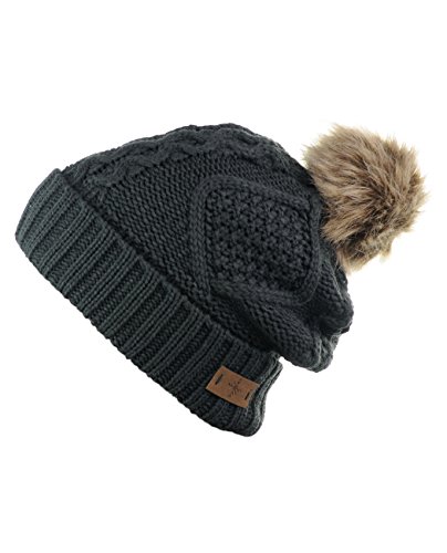 Women's Fur Pompom Fleece Lined Knitted Slouchy Beanie Hat (GRAY)