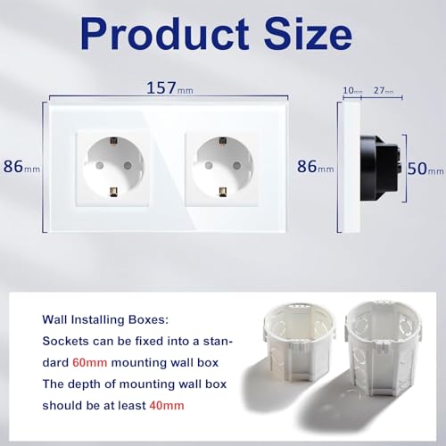 BSEED Wall Socket with Glass,Recessed Double Sockets,Power Outlet,Child Safety,Easy to Install,M Series,2 Sockets,157mm White
