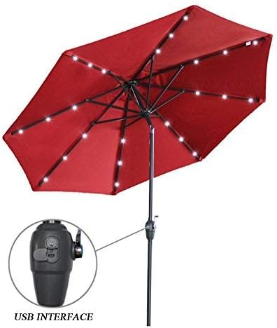 Mefo garden 9 Ft Aluminum Market Outdoor Patio Umbrella with LED Lights & USB Interface Crank Handle, Red