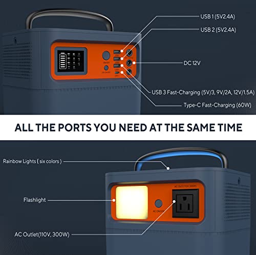 TIG FOX Portable Power Station 300W, 325Wh Outdoor Solar Generator, Backup Battery Pack Power with 110V AC Outlet/1 DC/1 Type-C/3 USB Ports, Supply for Camping Fishing RV CPAP Home Use Off-Grid