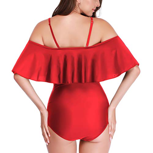 Maternity Bikinis Tankini Off Shoulder Flouncing Swimsuit One Piece Beachwear Red XL