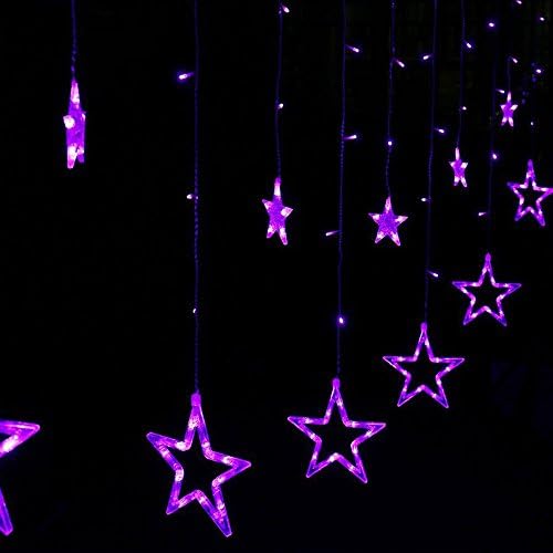 Curtain String Lights 138 LED 8.2ft Star Linkable (6 Small 6 Big), Power Operated Christmas Lights for Outdoor, Indoor, Bedroom, Party Decorations (Purple)