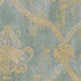 Wallpaper French Faux Aqua Blue Large Damask with Gold by ...