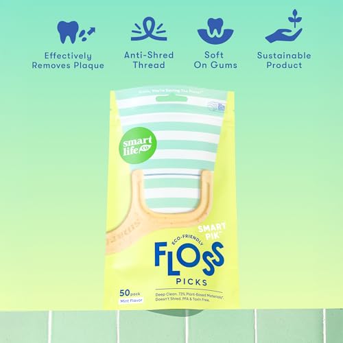 SmartLifeco Eco-Friendly Dental Floss Picks (200ct) - Flossers Made with Straw Wheat Blend, Superior Anti-Shred Thread for Tight Gaps, Tooth Pick Stick for Adults, Soft on Gum & Teeth, Vegan, Mint