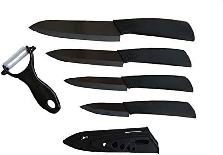 Kitchen Knife Set， Aierly 6" Chef Knife, 5" Utility Knife, 4" Fruit Knife, 3" Paring Knife, One Peeler with Black Handle and Black Blade