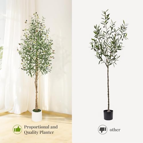 Garvee 180cm Artificial Olive Tree, Faux Plant with Natural Wood Trunks, 1152 UV-Resistant Silk Leaves, White Ceramic Pot with Weighted Base, Farmhouse Floor Decor for Living Room, Entryway, Office