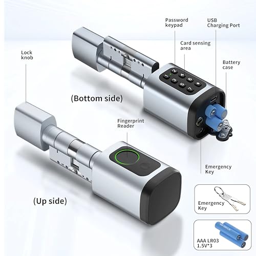 Smart Door Lock Keyless Entry 5 in 1 with Fingerprint, Keypad Lock, IC Card, and Mobile App Control, Remote Access via Gateway, Adjustable Cylinder, for Homes,Offices, & Vacation Rentals