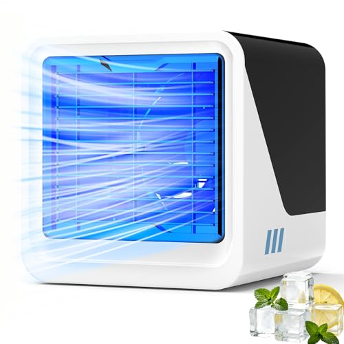 Portable Air Conditioner, 3 in 1 Tubeless Air Cooler, USB Quiet Fan with Water 500ml, 3 Speeds, 7 Colors Light, Small Evaporative Air Conditioner for Bedroom and Office