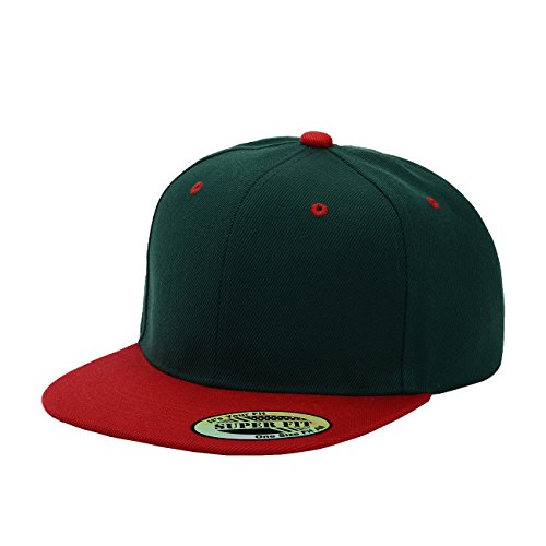 Blank Adjustable Flat Bill Plain Snapback Hats Caps (All Colors) (One Size, Dark Green/Red)