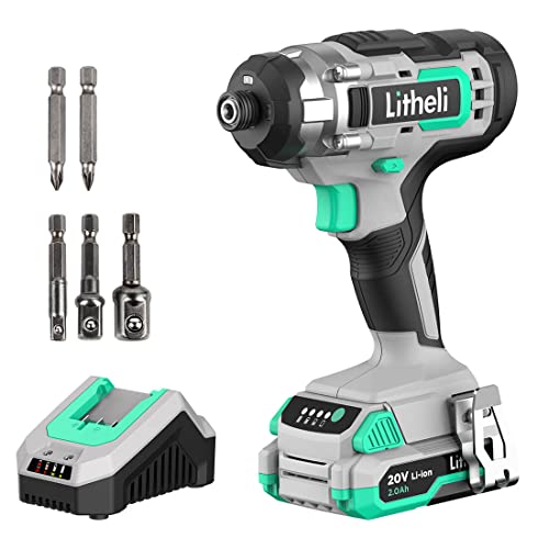 Litheli Cordless Impact Driver 20V, 1150 In-Lbs Torque, 1/4″ Quick-Release Hex Chuck, 3 Socket Adapters, 2 Driver Bits, with 2.0 Ah Battery & 1 Hour Fast Charger