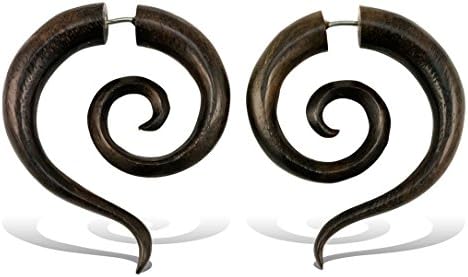 SALE! Fake Gauge Wooden Spiral Hoop Earrings Carved Brown Luna Spirals