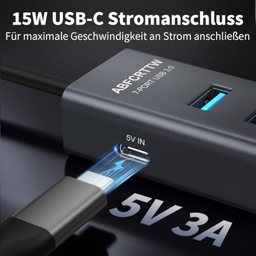 7-Port USB Hub 3.0 with 120 cm Cable for Desktop, Aluminium USB Splitter 5Gbps Multiport Adapter with 4 USB-A & 3 USB-C Port, 5V 3A Type-C Port for PC, Laptop, MacBook, U-Disk, Mouse