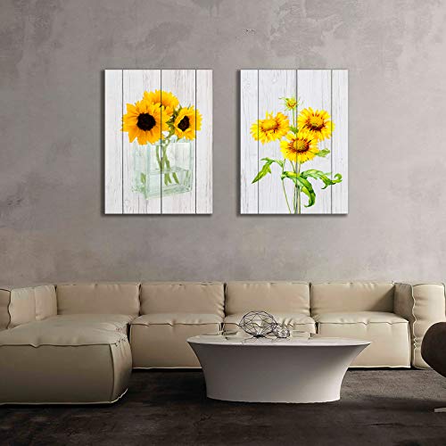 Yellow Flower Wall Decor for Living Room 12×16 Inches 2 Panels Framed Sunflowers Canvas Wall Art Golden Floral Prints Artwork Botanical Grey Wood Bedroom Wall Decoration Painting Decorative Beige Wall Picture