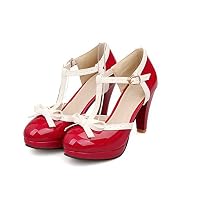 F1rst Rate Low Round Toe Ankle Strap Heel - Comfortable Chunky Block Heel Sandal Red